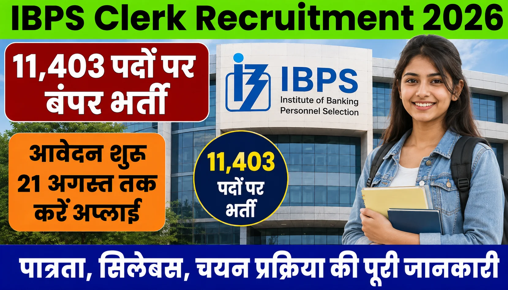 IBPS Clerk Recruitment 2026: 11,403 पदों पर बंपर भर्ती, आवेदन शुरू, 21 अगस्त तक करें अप्लाई